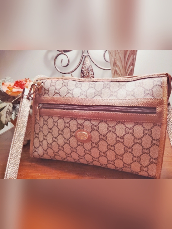 Gucci Handbags - Gucci plus Tan Beige Monogram Crossbody Bag with Brown Trim